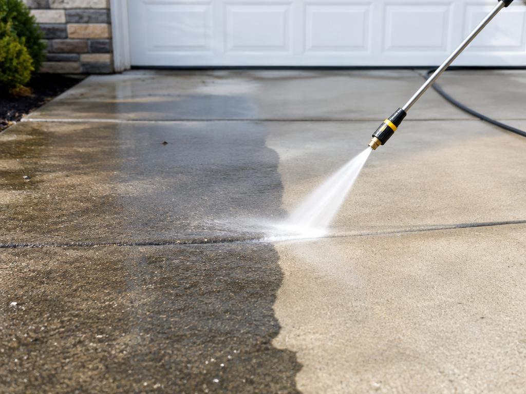 Pressure washing a driveway with a visible clean stripe